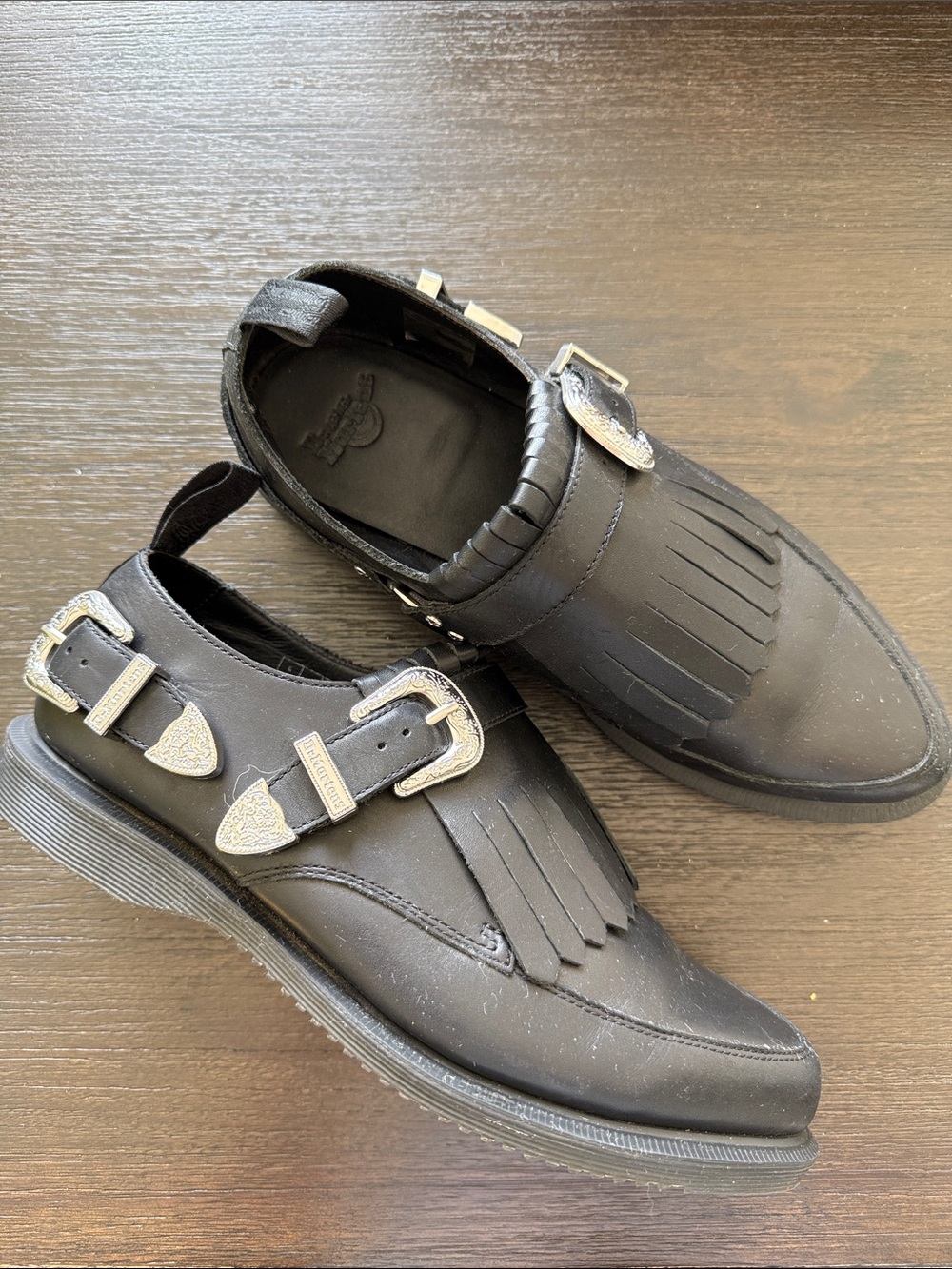 Dr. Martens Black Leather Kiltie Loafers with Silver Buckle